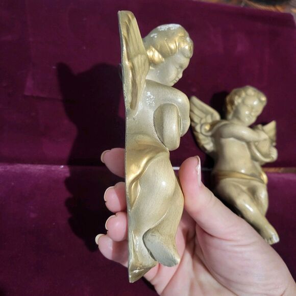 Vintage Cherub Pair Chalk Ware Plaster Wall Decor Hollywood Regency Gold Tone MC - Picture 14 of 16